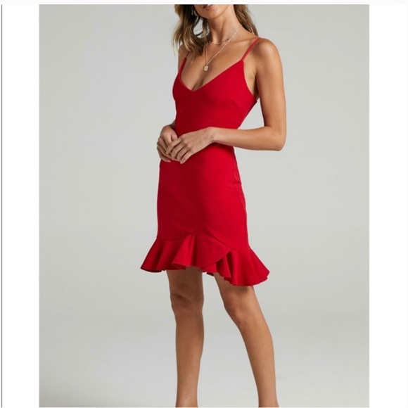 Showpo Turning It Up Dress Red Mini Ruffle Hem - Picture 4 of 8